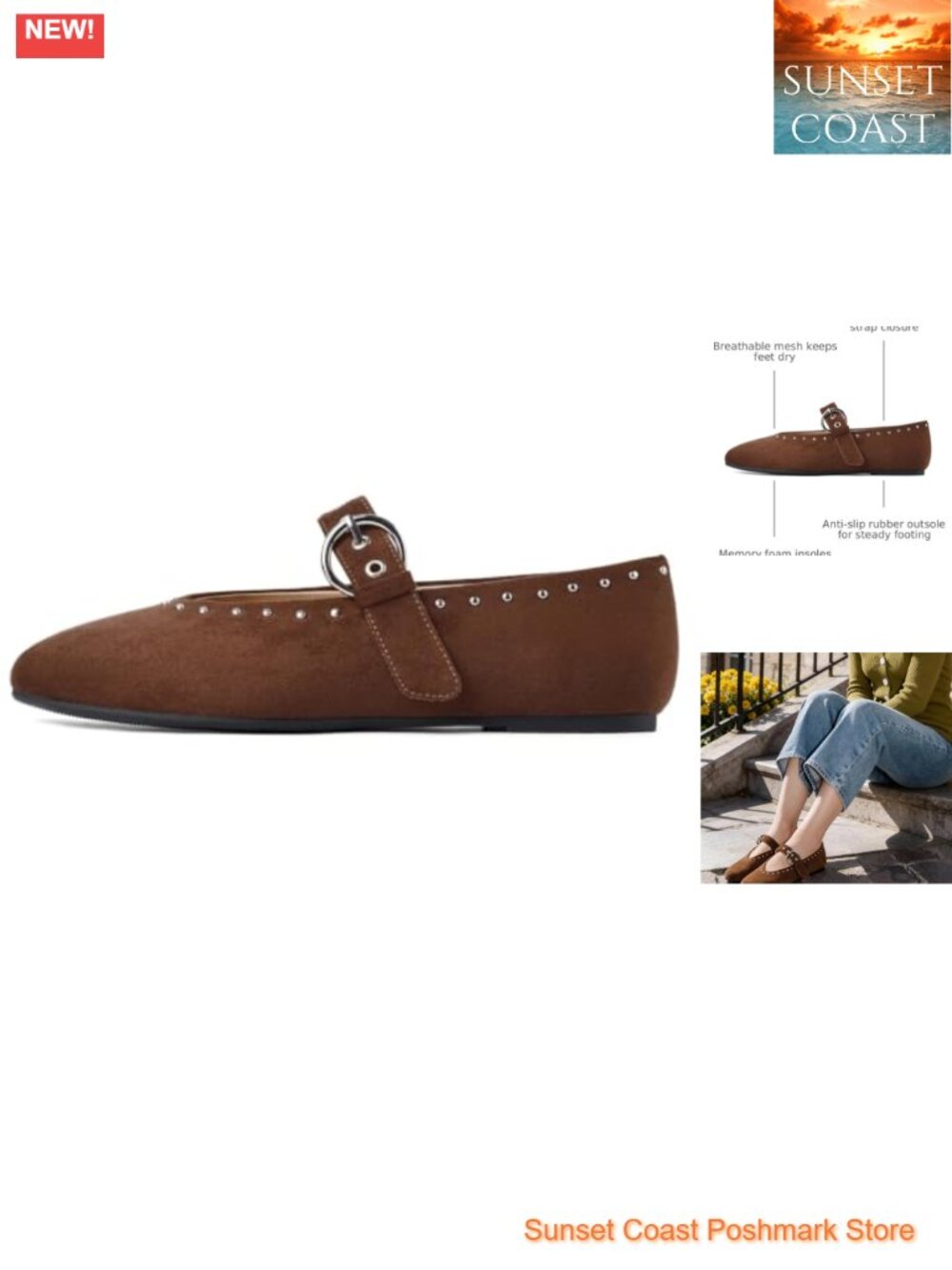 Women's Mesh Ballet Flats Round Toe Mary Jane Buckle Strap Slip On Shoes